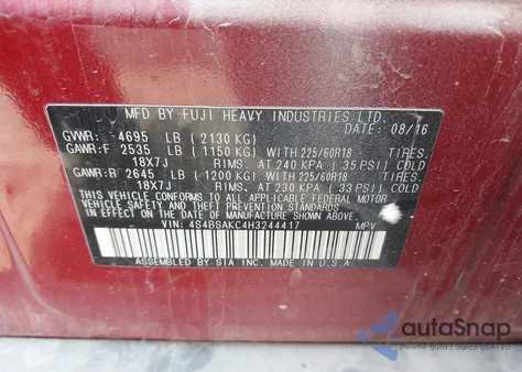 2017 Subaru Outback 2.5I Limited from USA, damaged, VIN 4S4BSAKC4H3244417